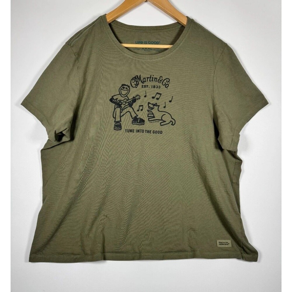 Life is Good Crusher T Shirt Womens XXXL 3XL Olive Green Martin‎ Guitar Dog Tee